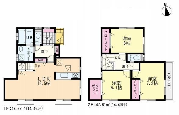Floor plan. (1 Building), Price 28.8 million yen, 3LDK, Land area 148.27 sq m , Building area 95.43 sq m