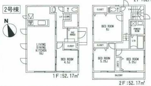 Floor plan. (Building 2), Price 34,800,000 yen, 4LDK, Land area 130.6 sq m , Building area 104.34 sq m