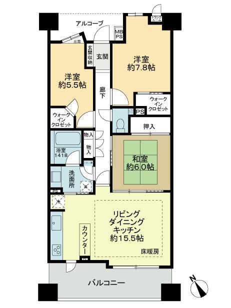 Floor plan. 3LDK, Price 26 million yen, Footprint 80.5 sq m , Balcony area 11.91 sq m