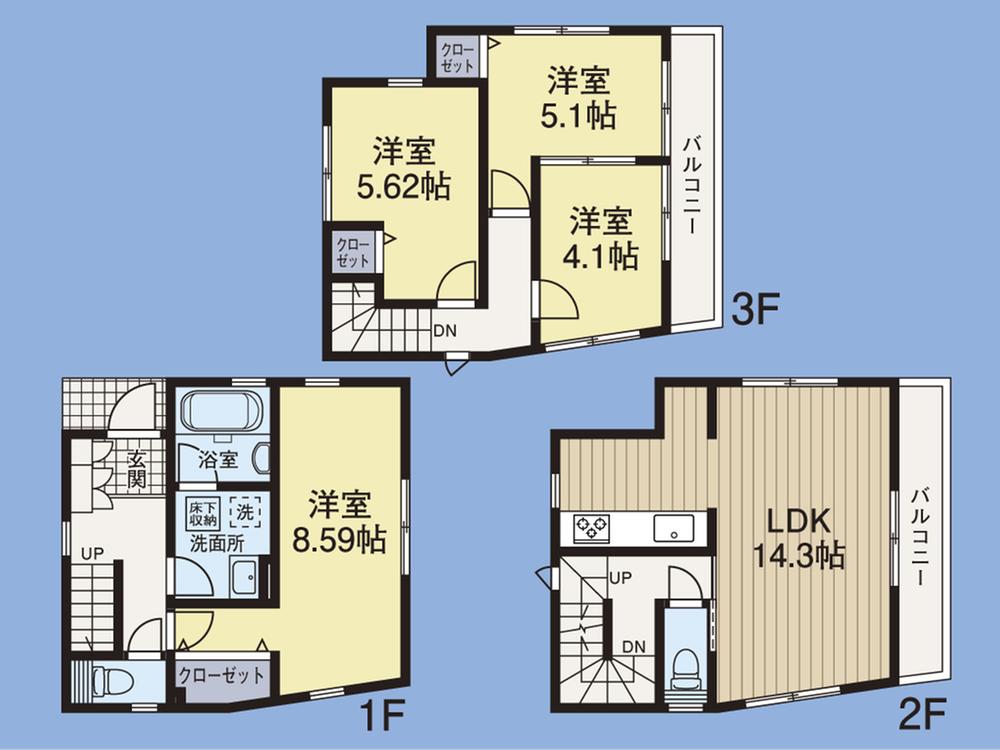 Floor plan. (1 Building), Price 35,800,000 yen, 4LDK, Land area 62.28 sq m , Building area 93.39 sq m