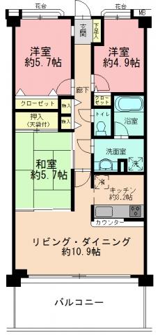 Floor plan. 3LDK, Price 26,900,000 yen, Occupied area 69.02 sq m , Balcony area 11.56 sq m
