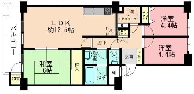 Floor plan. 3LDK, Price 22,800,000 yen, Occupied area 66.16 sq m , Balcony area 7.3 sq m
