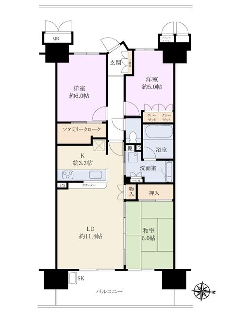 Floor plan. 3LDK, Price 20.8 million yen, Occupied area 72.62 sq m , Balcony area 12.3 sq m Sol Grande Mates Tamasakai Green Court Floor