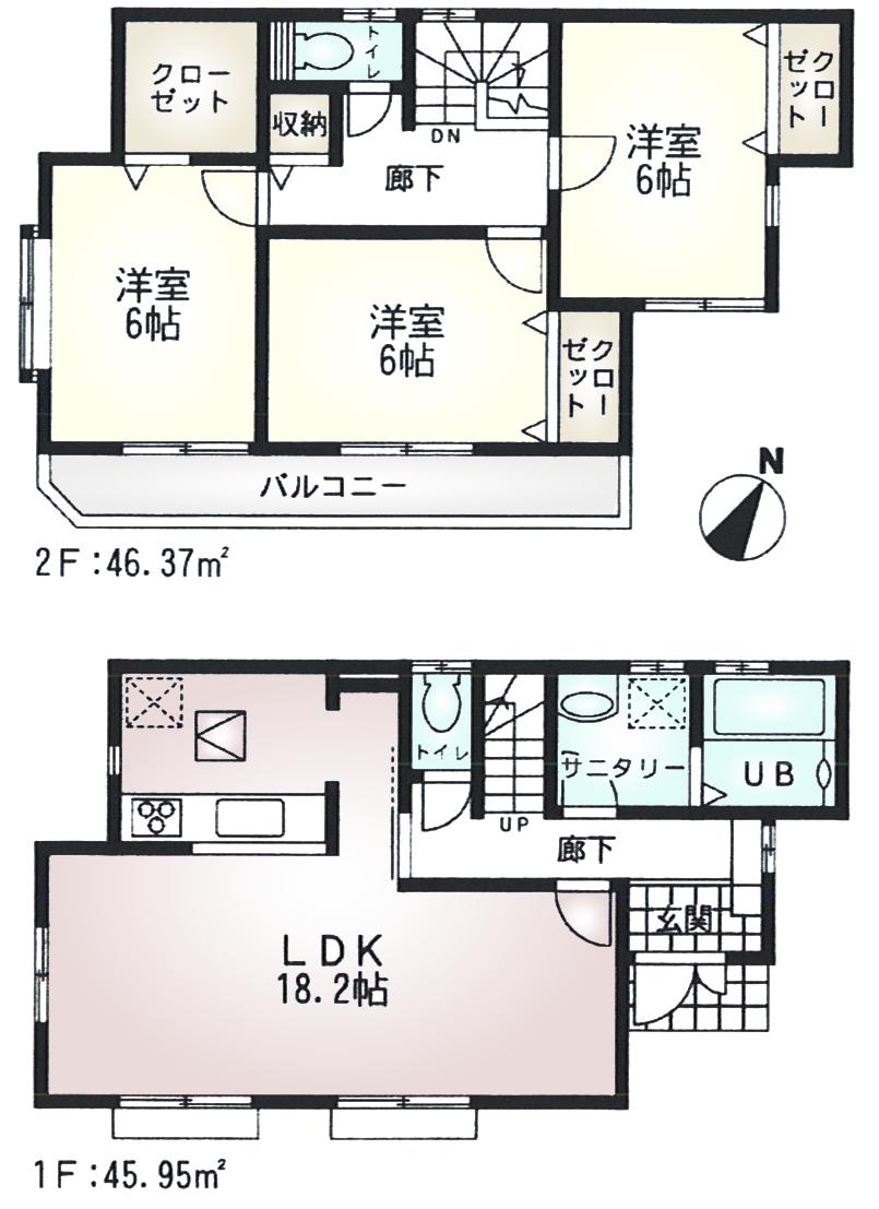 Floor plan. (1 Building), Price 35,800,000 yen, 3LDK, Land area 95.01 sq m , Building area 92.32 sq m