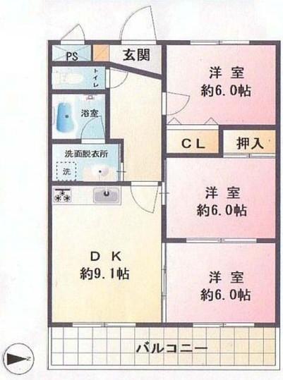 Floor plan. 3DK, Price 16.8 million yen, Occupied area 62.08 sq m , Balcony area 9.28 sq m