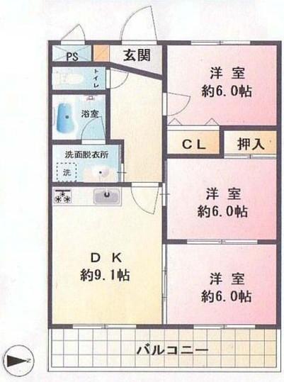 Floor plan. 3DK, Price 16.8 million yen, Occupied area 62.08 sq m , Balcony area 9.28 sq m