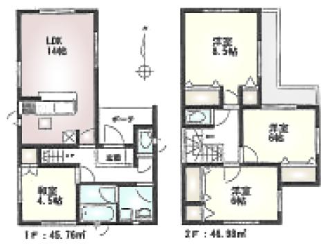 Floor plan. (1 Building), Price 33,800,000 yen, 4LDK, Land area 85.37 sq m , Building area 92.74 sq m