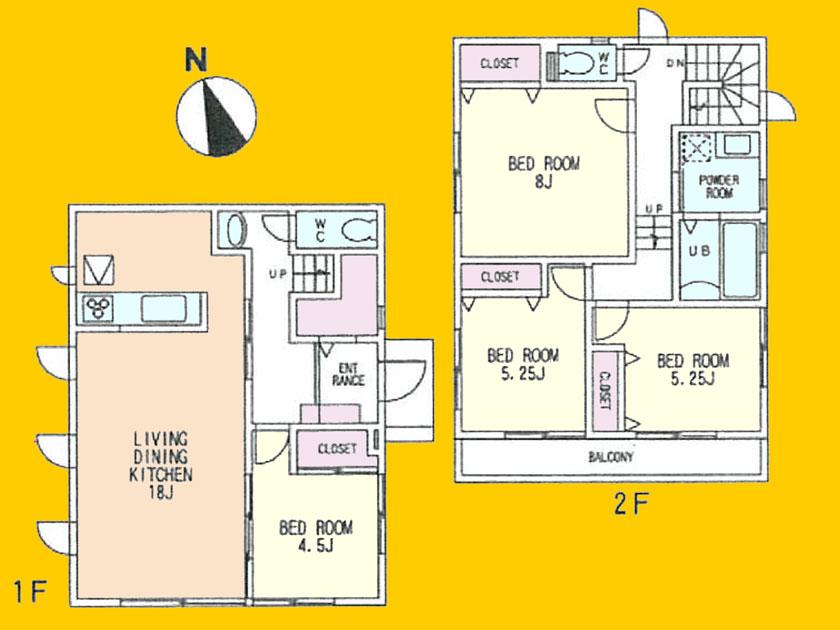 Floor plan. (Building 2), Price 34,800,000 yen, 4LDK, Land area 130.6 sq m , Building area 104.34 sq m