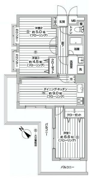 Floor plan. 3DK, Price 18,990,000 yen, Occupied area 58.02 sq m , Balcony area 16.04 sq m