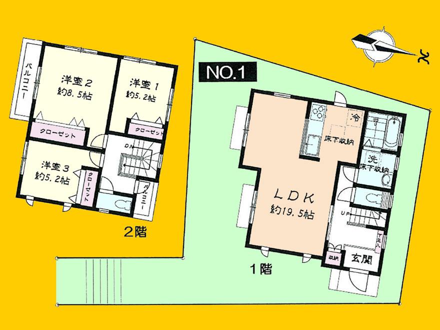 Floor plan. (No, 1), Price 38,300,000 yen, 3LDK, Land area 155.95 sq m , Building area 95.45 sq m