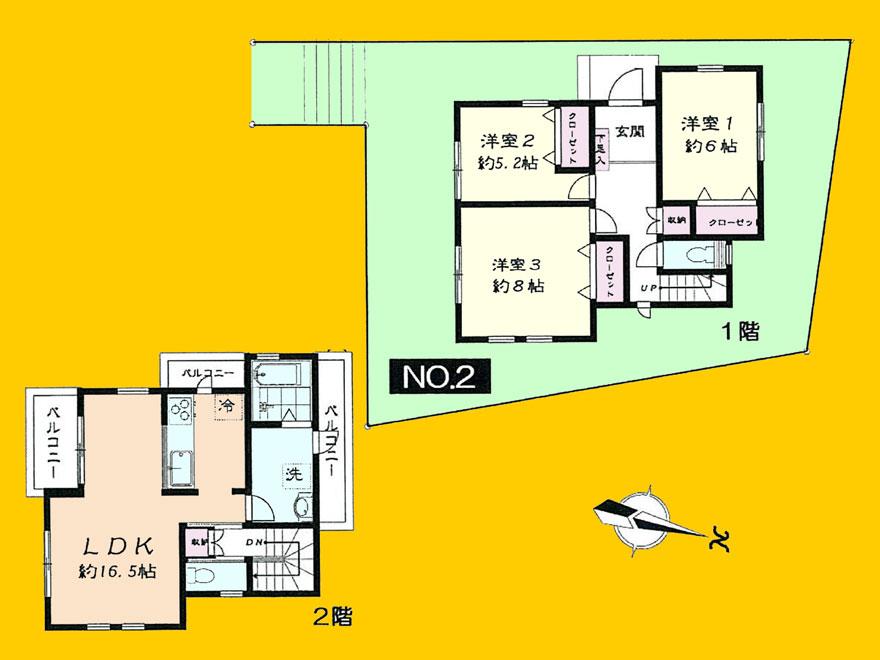 Floor plan. (No, 2), Price 35,800,000 yen, 3LDK, Land area 150.98 sq m , Building area 91.99 sq m