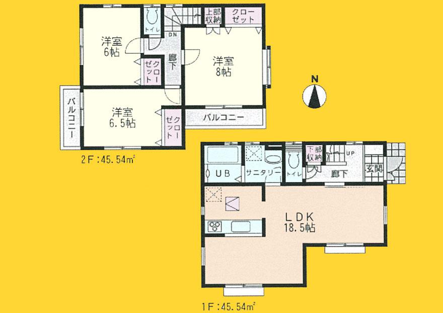 Floor plan. (Building 2), Price 33,800,000 yen, 3LDK, Land area 91.79 sq m , Building area 91.08 sq m