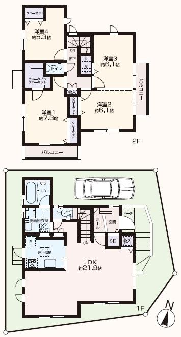 Floor plan. Price 54,880,000 yen, 4LDK, Land area 111.07 sq m , Building area 105.99 sq m