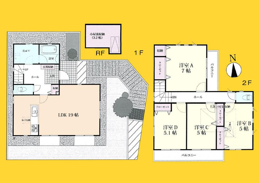 Floor plan. (Building 2), Price 51,800,000 yen, 4LDK, Land area 125.85 sq m , Building area 119.13 sq m