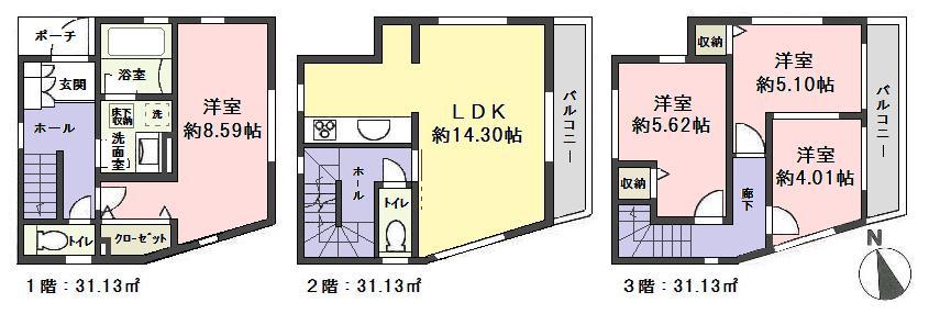 Floor plan. (1 Building), Price 36,800,000 yen, 4LDK, Land area 62.28 sq m , Building area 93.39 sq m