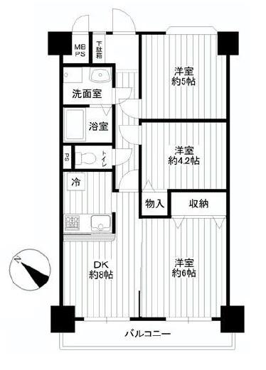 Floor plan. 3DK, Price 24,900,000 yen, Footprint 58 sq m , Balcony area 5.8 sq m