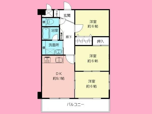 Floor plan. 3DK, Price 16.8 million yen, Occupied area 62.08 sq m , Balcony area 9.28 sq m