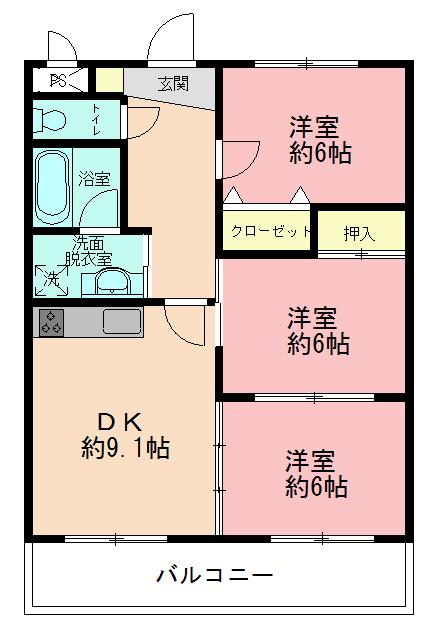 Floor plan. 3DK, Price 16.8 million yen, Occupied area 62.08 sq m , Balcony area 9.28 sq m