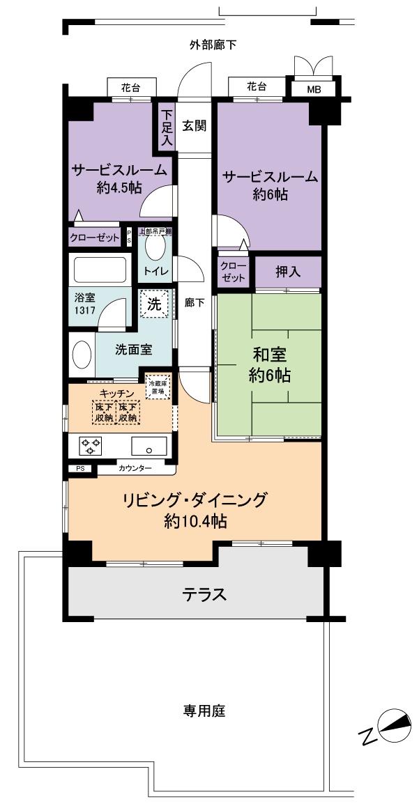 Floor plan. 1LDK + 2S (storeroom), Price 19,800,000 yen, Occupied area 67.33 sq m open-minded spacious terrace ・ Per corner dwelling unit with a private garden, View ・ Ventilation is good.