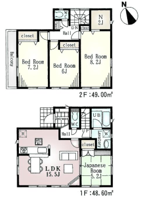Floor plan. (3 Building), Price 30,800,000 yen, 4LDK, Land area 95.82 sq m , Building area 97.6 sq m
