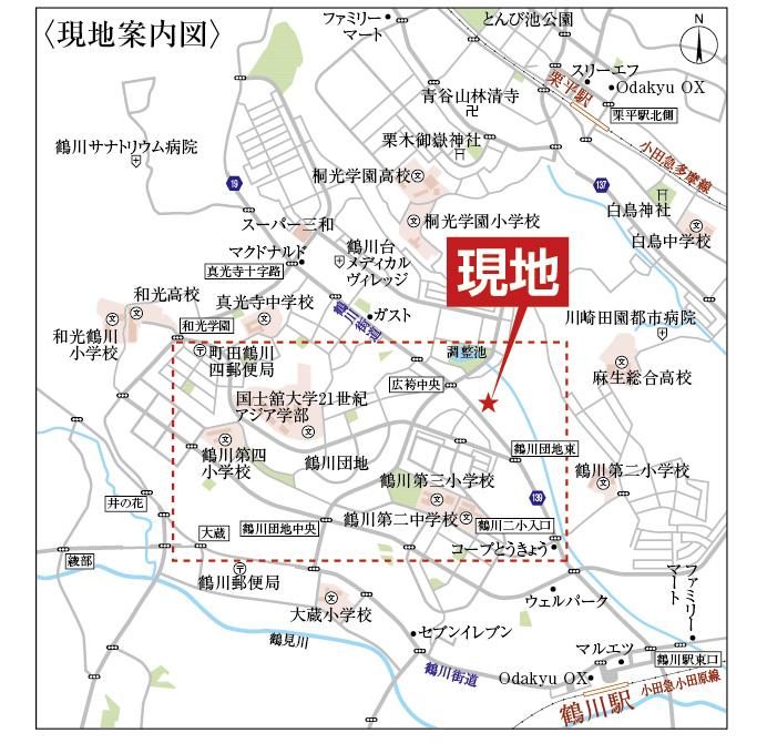 Local guide map. Odakyu line Tsurukawa Station walk 21 minutes. There is bus service