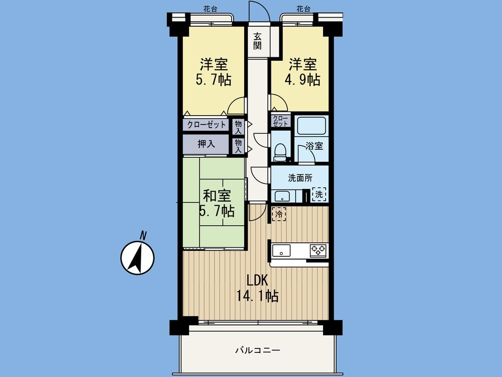 Floor plan. 3LDK, Price 26,900,000 yen, Occupied area 69.02 sq m , Balcony area 11.56 sq m