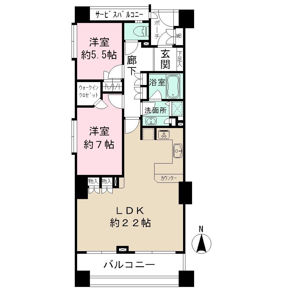 Floor plan. 2LDK, Price 67,800,000 yen, Occupied area 78.26 sq m , Balcony area 11.16 sq m, including the living-dining of about 22 quires, It has become to make that one one of the rooms are spacious.