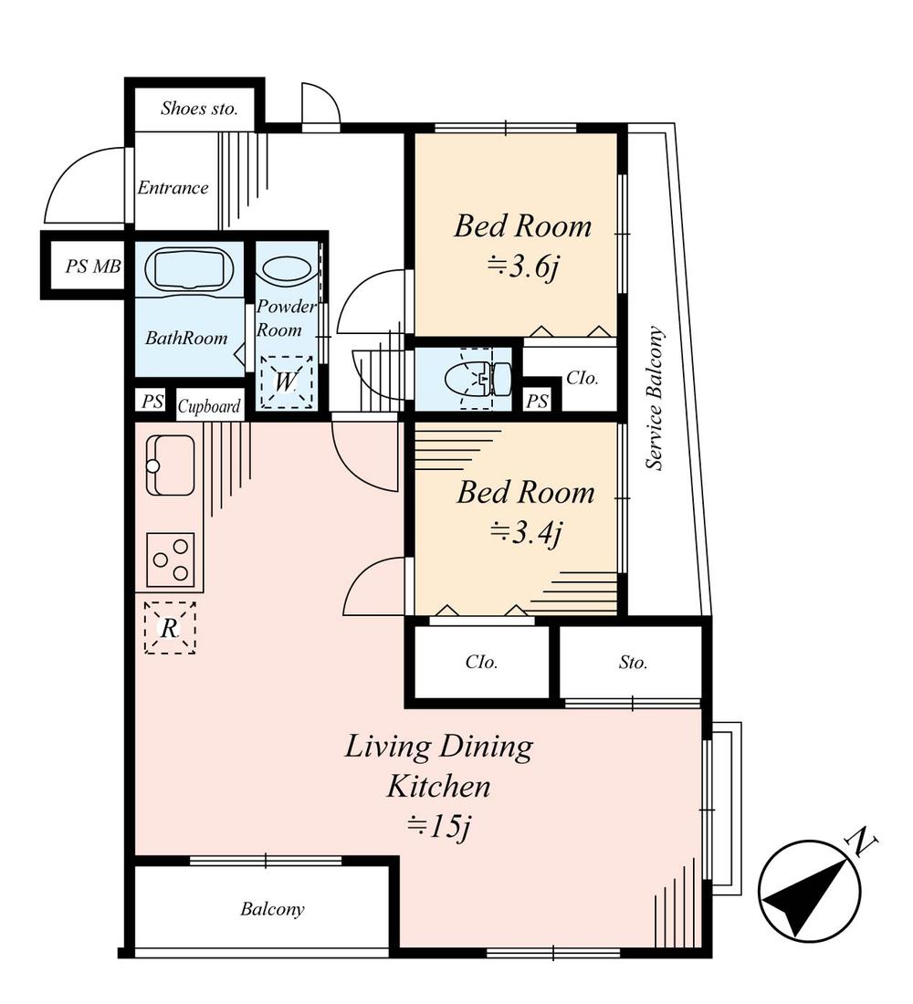 Floor plan. 2LDK, Price 34,800,000 yen, Occupied area 53.16 sq m , Balcony area 6.85 sq m
