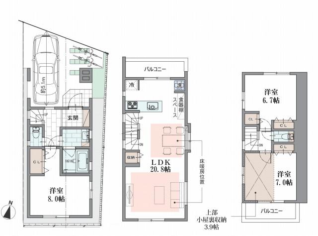 Floor plan. (B Building), Price 73,800,000 yen, 3LDK, Land area 64.8 sq m , Building area 106.95 sq m