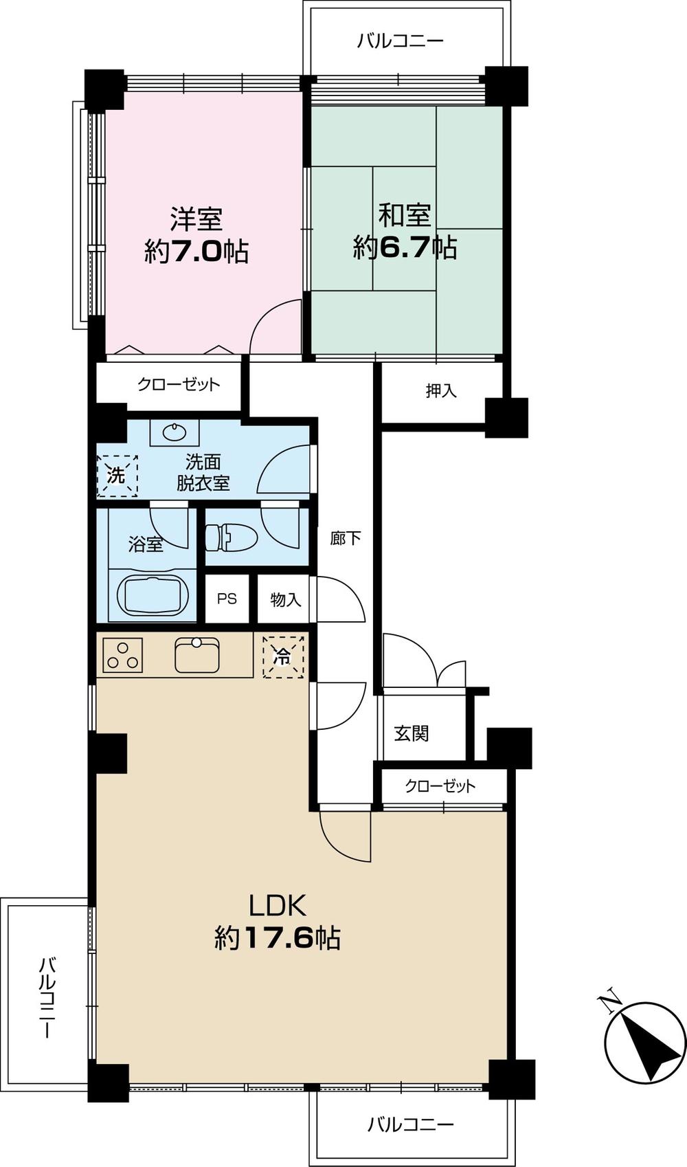Floor plan. 2LDK, Price 34,800,000 yen, Occupied area 80.14 sq m , Balcony area 9.18 sq m southwest 3 direction room