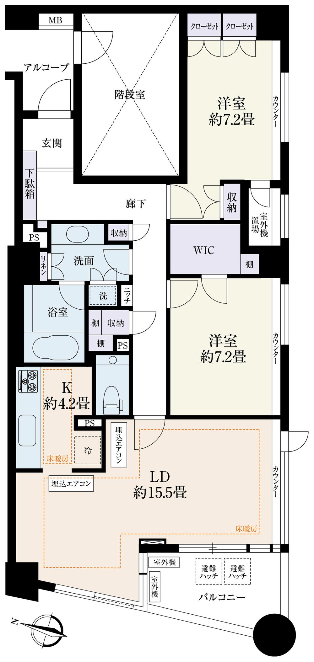 Floor plan. 2LDK, Price 67,800,000 yen, Occupied area 87.01 sq m , Floor plan of the balcony area 7.63 sq m Zenshitsuminami direction
