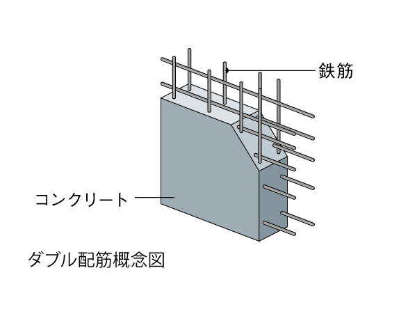 Building structure.  [Double reinforcement] Reinforcement for the main structural framework, such as floor and wall rebar in double. Compared to the single reinforcement, It increases durability and structural strength.