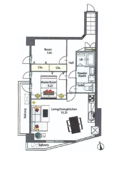 Floor plan. 2LDK, Price 42,800,000 yen, Occupied area 62.89 sq m , Balcony area 6.75 sq m