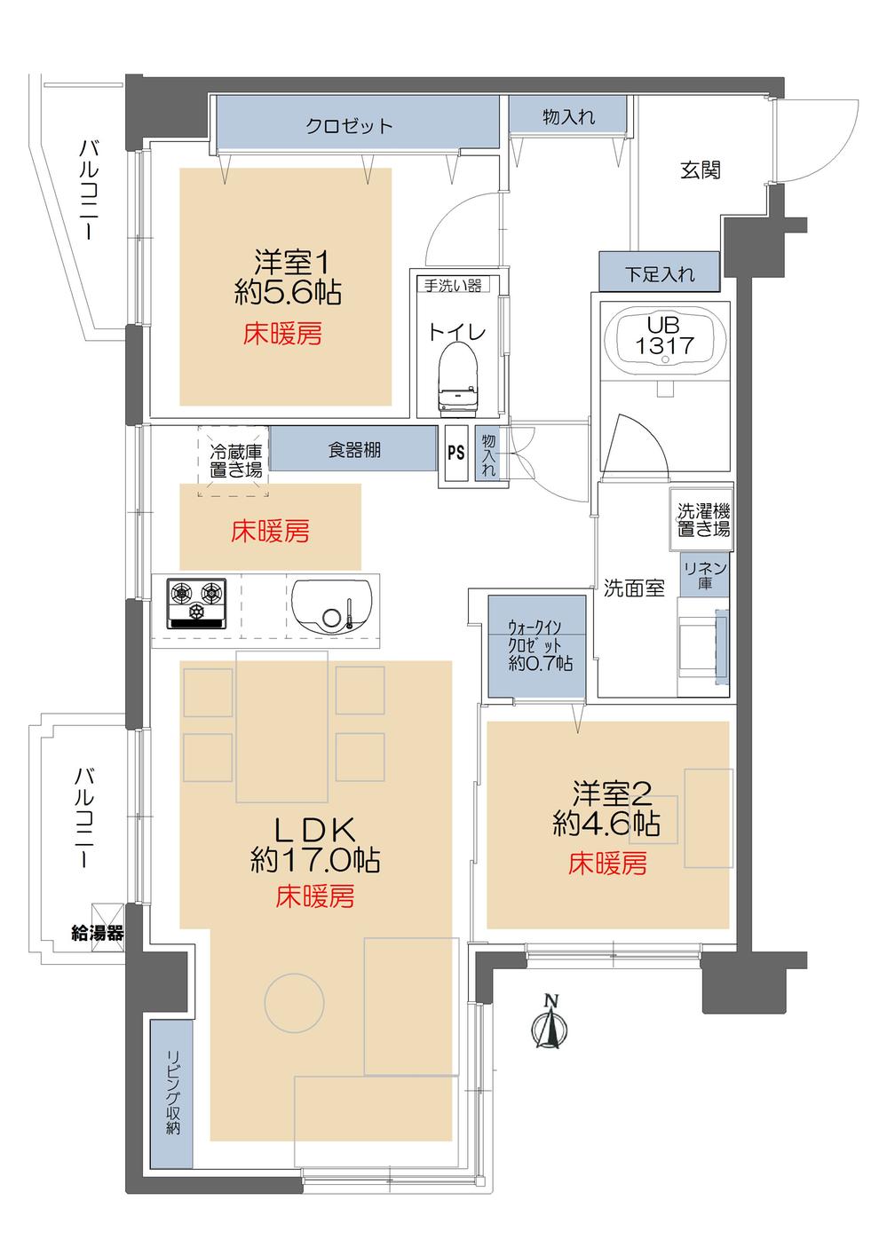 Floor plan. 2LDK, Price 52,800,000 yen, Occupied area 61.45 sq m , Balcony area 4.35 sq m