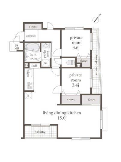 Floor plan. 2LDK, Price 34,800,000 yen, Occupied area 53.16 sq m , Balcony area 3 sq m