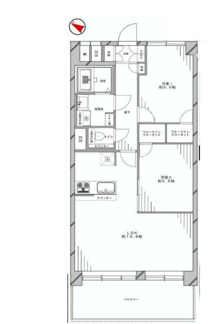 Floor plan. 2LDK, Price 39,800,000 yen, Occupied area 64.07 sq m , Balcony area 11.89 sq m