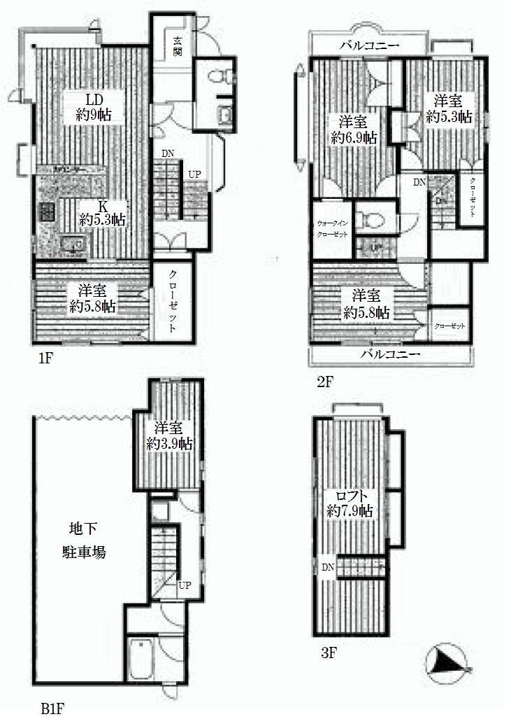 Floor plan. 68,800,000 yen, 5LDK, Land area 93.52 sq m , Building area 166.44 sq m