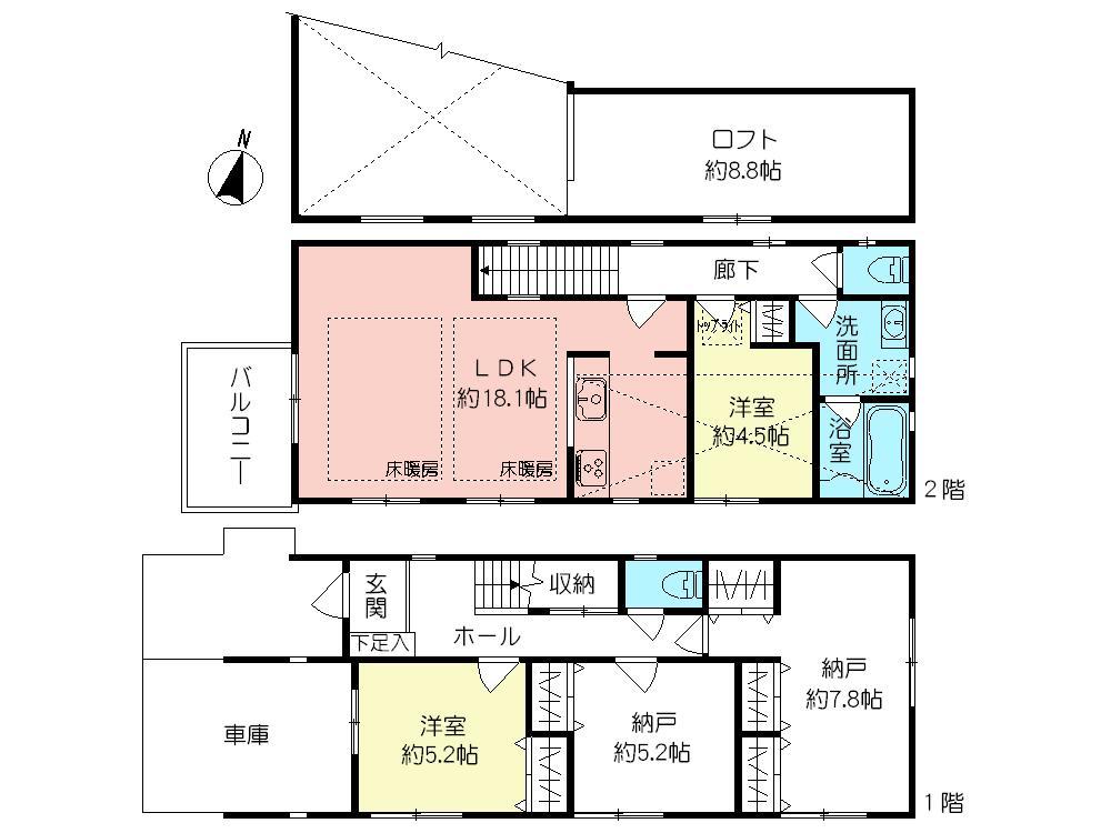 Floor plan. (A Building), Price 61,800,000 yen, 2LDK+2S, Land area 93.13 sq m , Building area 109.1 sq m