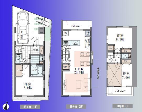 Floor plan. (B Building), Price 73,800,000 yen, 3LDK, Land area 64.8 sq m , Building area 106.95 sq m