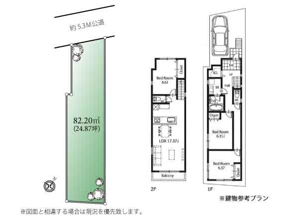 Compartment view + building plan example. Building plan example, Land price 57,800,000 yen, Land area 82.2 sq m , Building price 16 million yen, Building area 90.46 sq m