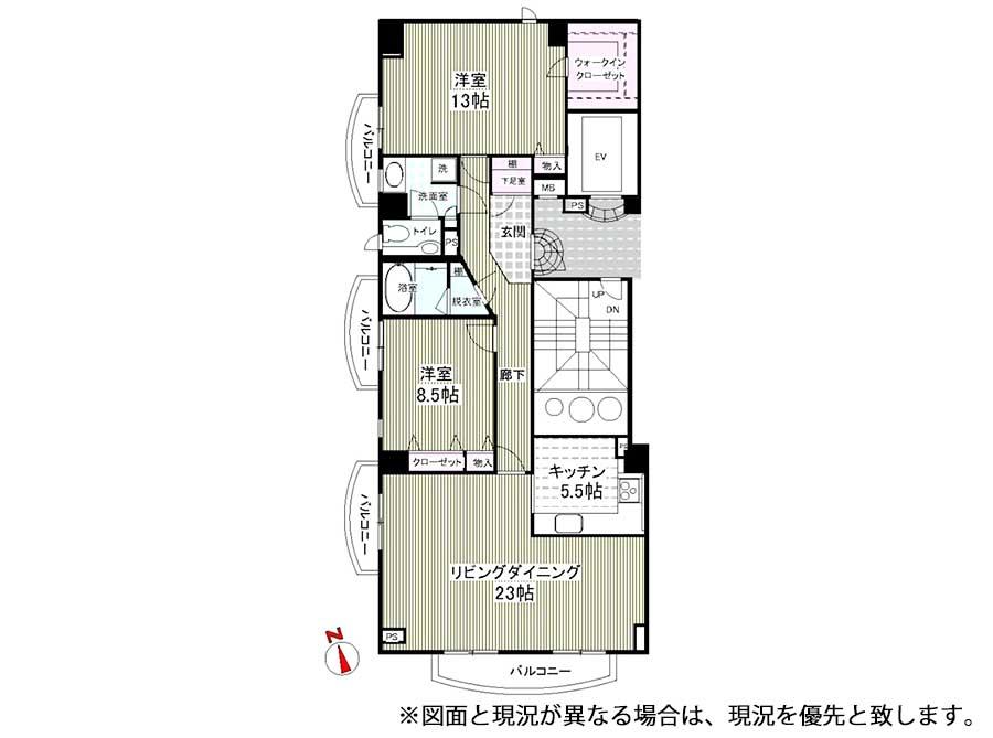 Floor plan. 2LDK, Price 124 million yen, Footprint 129.59 sq m , Balcony area 15.9 sq m