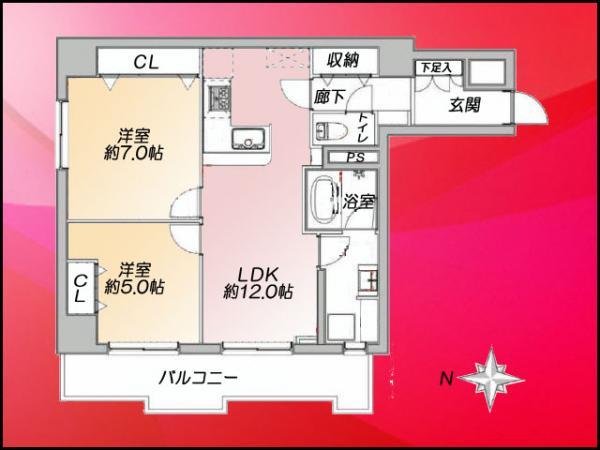 Floor plan. 2LDK, Price 45,700,000 yen, Occupied area 60.43 sq m , Balcony area 8.02 sq m