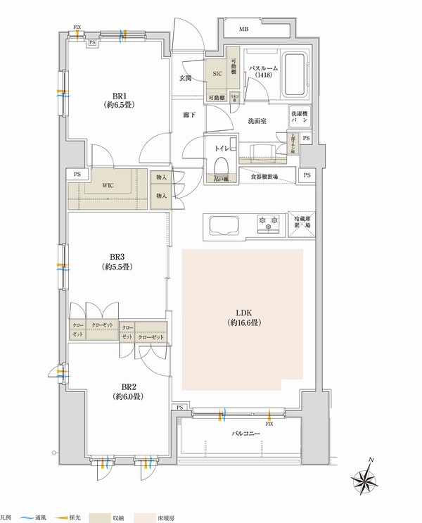 H type ・ 3LDK+WIC+SIC Occupied area / 75.93 sq m  Balcony area / 5.20 sq m  WIC = walk-in closet, SIC = shoes in cloak
