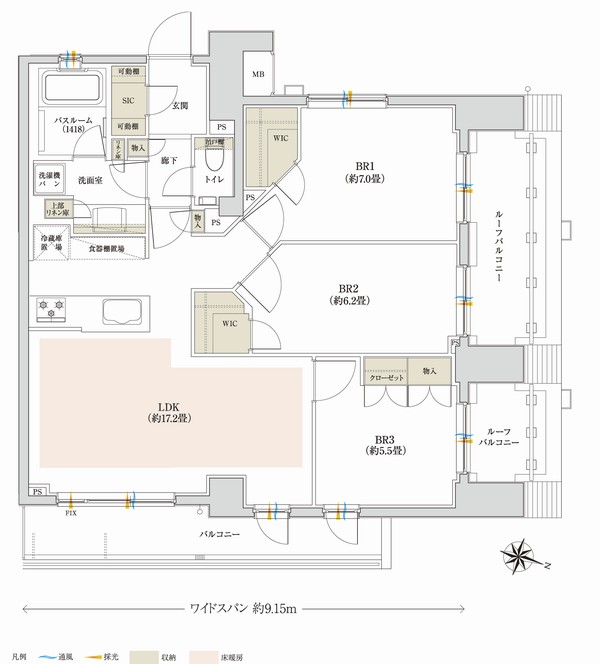 O type ・ 3LDK+2WIC+SIC Occupied area / 80.79 sq m  Balcony area / 9.16 sq m  Roof balcony area / 10.77 sq m