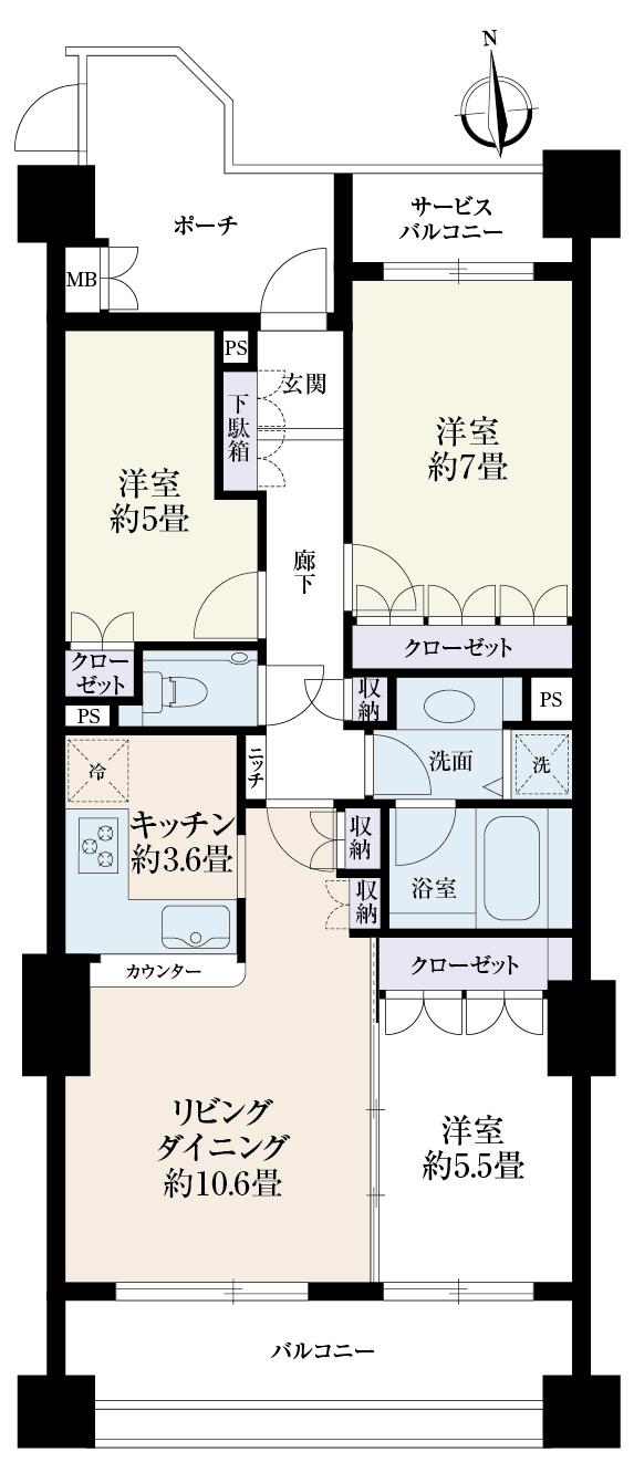 Floor plan. 3LDK, Price 65,800,000 yen, Occupied area 72.39 sq m , Balcony area 10.8 sq m