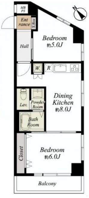 Floor plan. 2DK, Price 31,800,000 yen, Occupied area 43.38 sq m , Views of the Meguro River from the balcony area 4.51 sq m 5 Pledge of Western-style.