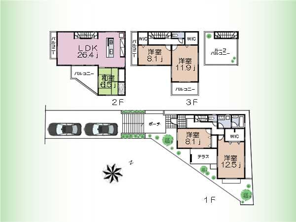 Compartment view + building plan example. Building plan example, Land price 88,500,000 yen, Land area 187.29 sq m , Building price 37.5 million yen, Building area 175.52 sq m compartment view + building area 175.52 sq m , Building price 37.5 million yen