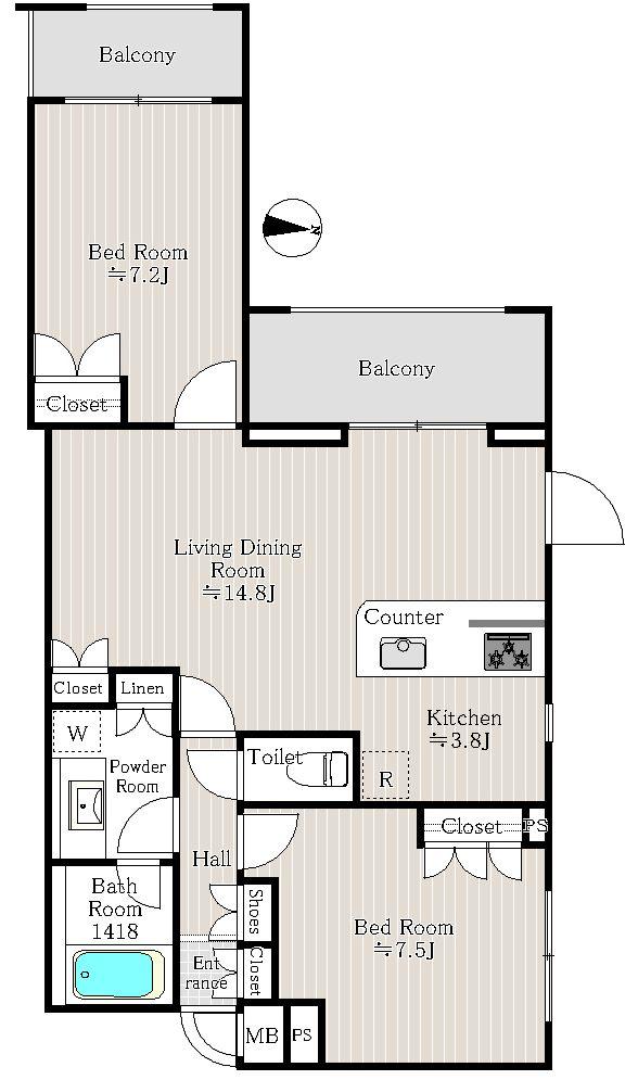 Floor plan. 2LDK, Price 49,900,000 yen, Occupied area 70.13 sq m , Balcony area 10.78 sq m