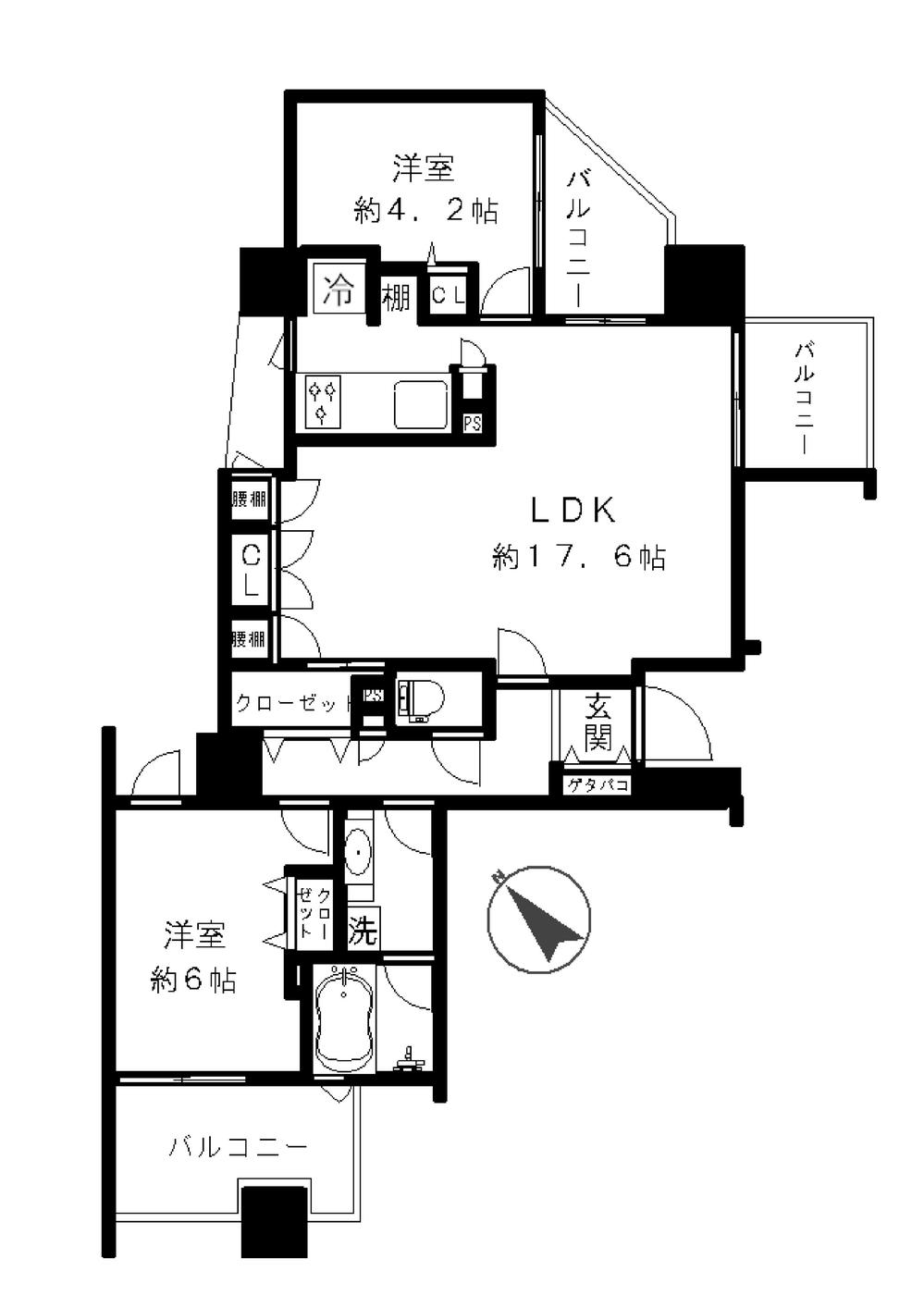 Floor plan. 2LDK, Price 47,800,000 yen, Occupied area 61.84 sq m , Balcony area 38.94 sq m