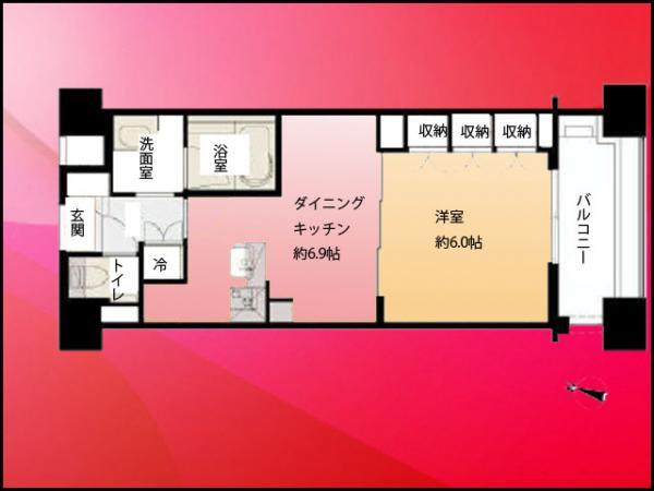 Floor plan. 1DK, Price 32,500,000 yen, Occupied area 33.09 sq m , Balcony area 6.08 sq m